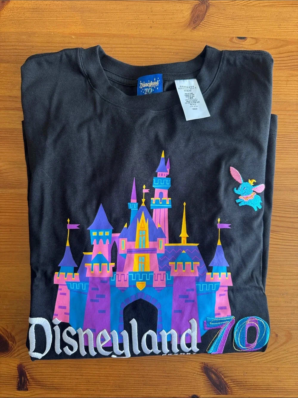 Disney Disneyland Black Long-Sleeve Tee Shirt with Colorful Castle 70th Graphic